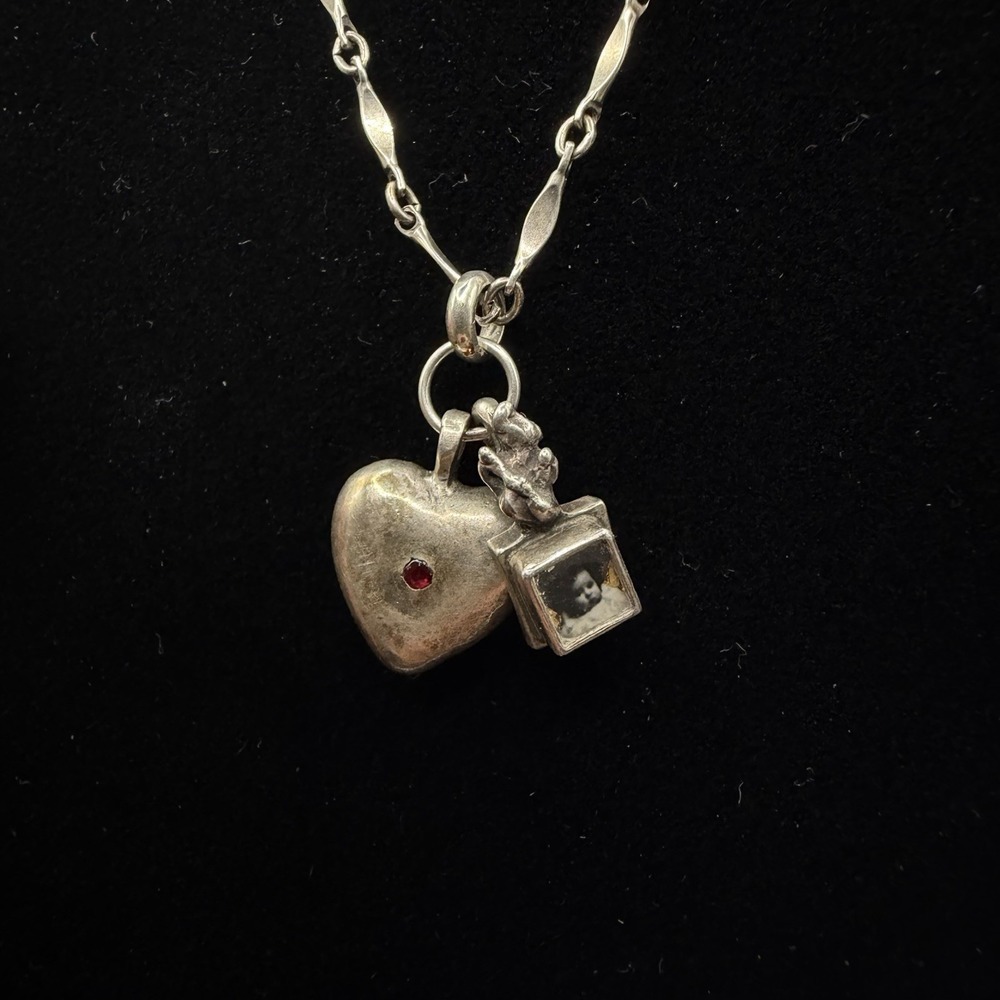 Vintage 1995 Artisan Signed Sterling Silver Heart Photo Charm Necklace 16" 925